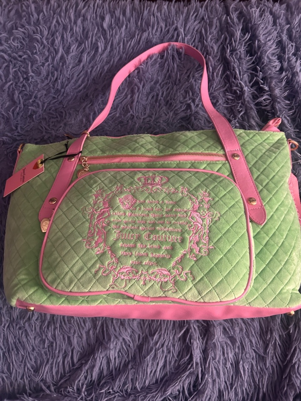 Juicy Couture Green Quilted Tote with Pink Trim
